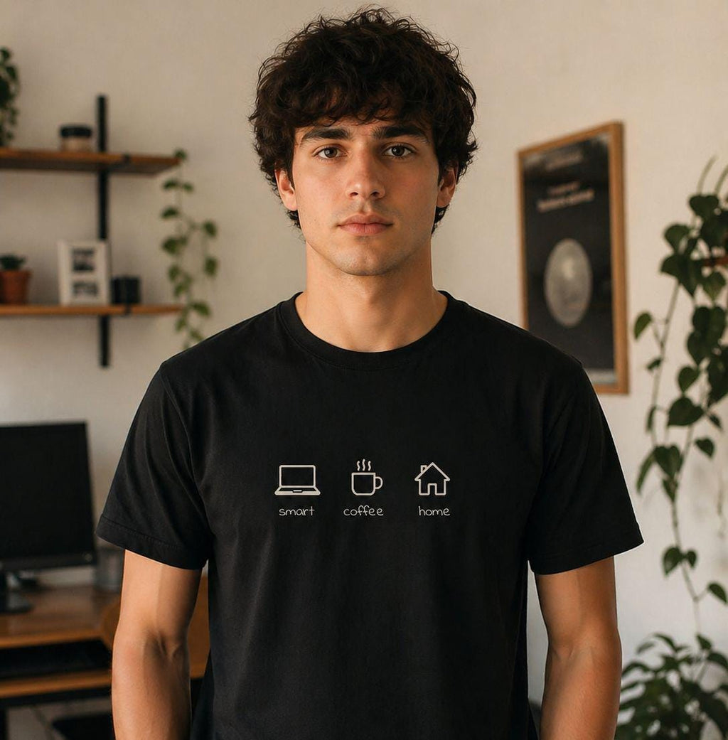Home life comfort branded T-Shirt | Minimalist Coffee Laptop Home Office Design | Unisex Casual Tee for Remote Work and Study