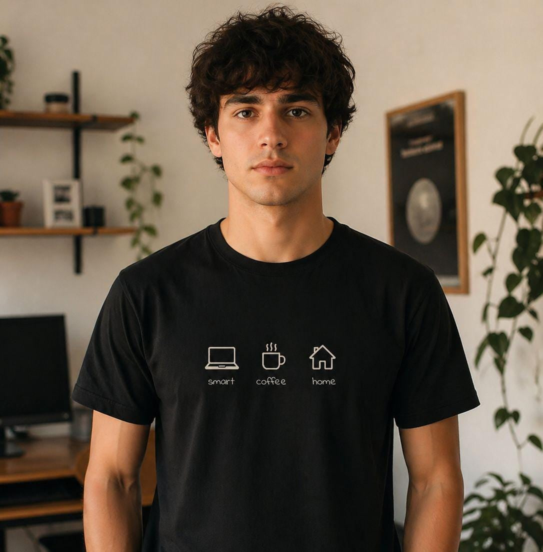 Home life comfort branded T-Shirt | Minimalist Coffee Laptop Home Office Design | Unisex Casual Tee for Remote Work and Study