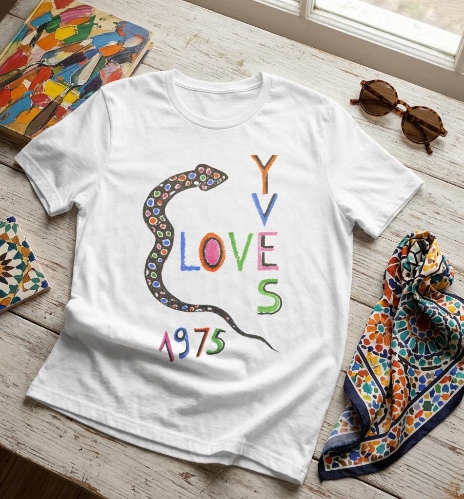 Yves Love 1975 designer T-shirt, Retro snake lover shirt branded, Vintage 70s Style Artistic tee, Colorful, Gift for unisex