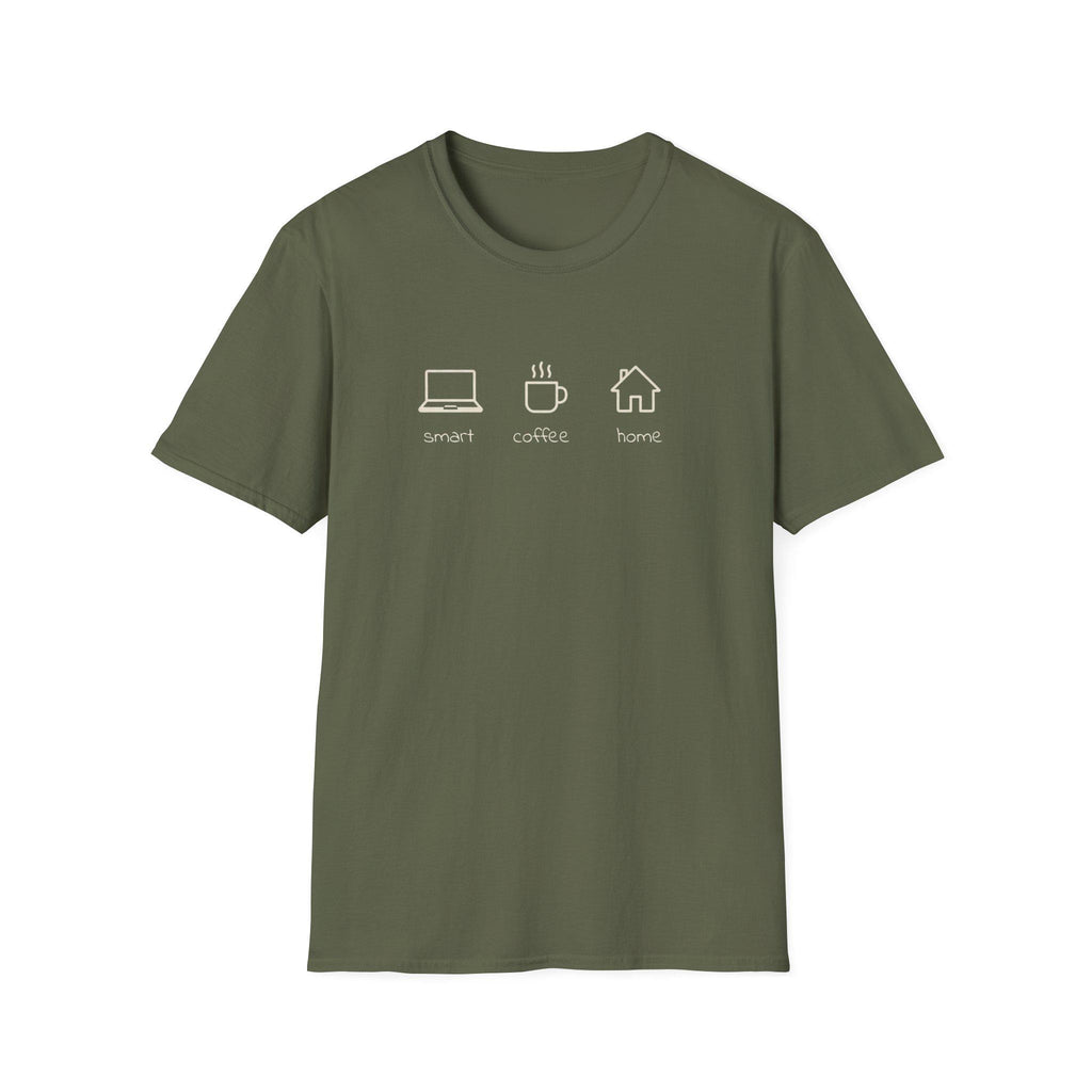 Home life comfort branded T-Shirt | Minimalist Coffee Laptop Home Office Design | Unisex Casual Tee for Remote Work and Study