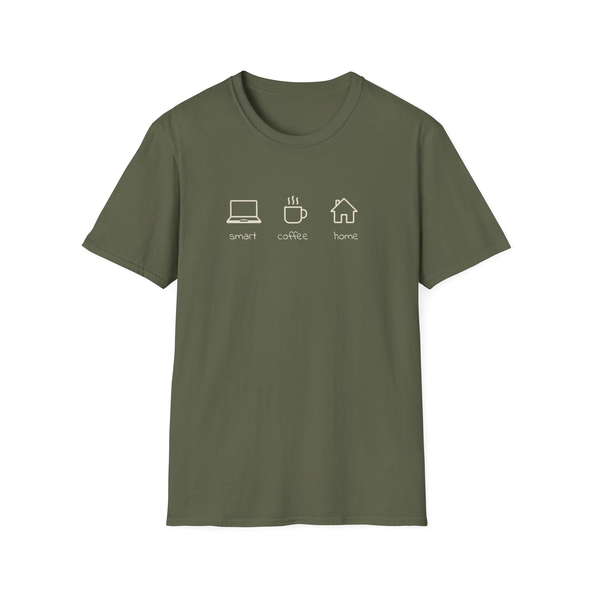 Home life comfort branded T-Shirt | Minimalist Coffee Laptop Home Office Design | Unisex Casual Tee for Remote Work and Study